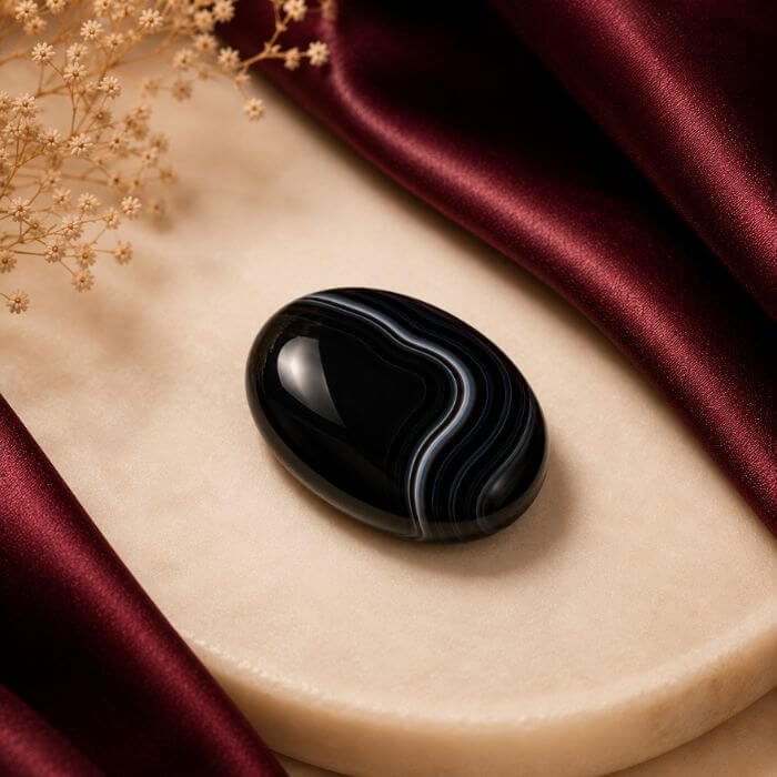 Loose Black Agate gemstone featuring deep black natural tones with a smooth polished finish and elegant glossy appearance.