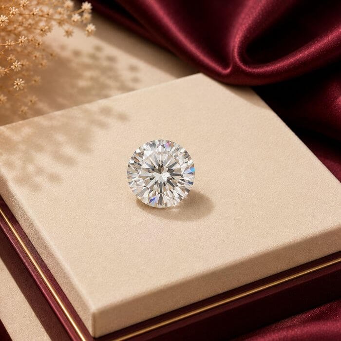 Loose Moissanite gemstone featuring exceptional brilliance, fiery rainbow sparkle, and precise faceting with a luxurious diamond-like appearance.