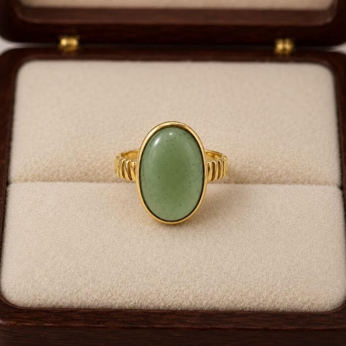 Moldavite Ring featuring a rare green Moldavite gemstone set in an elegant handcrafted ring design with natural cosmic-inspired beauty.