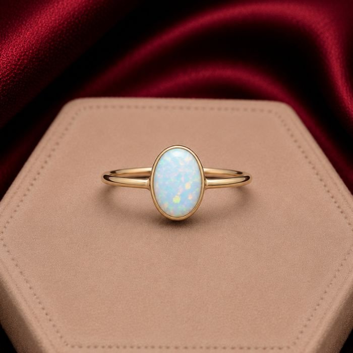 Opal Ring featuring a luminous opal gemstone with mesmerizing iridescent play-of-color set in an elegant polished ring design.