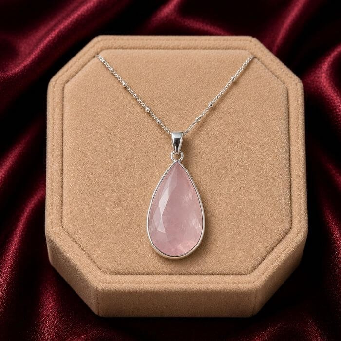 Rose Quartz Pendants featuring soft pink rose quartz gemstones set in elegant pendant designs with graceful polished detailing.