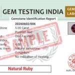 Ruby certification document displayed alongside a natural ruby gemstone showcasing authenticity, quality grading, and gemstone verification details.
