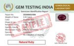 Ruby certification document displayed alongside a natural ruby gemstone showcasing authenticity, quality grading, and gemstone verification details.