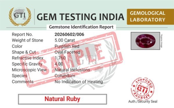 Ruby Certification Ruby certification document displayed alongside a natural ruby gemstone showcasing authenticity, quality grading, and gemstone verification details.