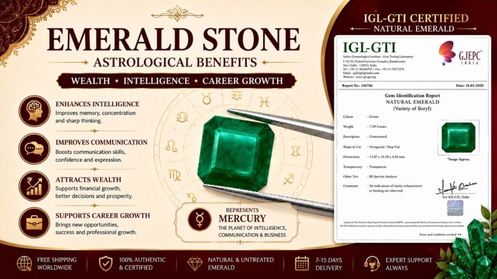 Buy Natural Emerald Gemstone Online | Certified Original Emerald Stone for Mercury (Budh), Vedic Astrology, Fine Jewellery & Investment