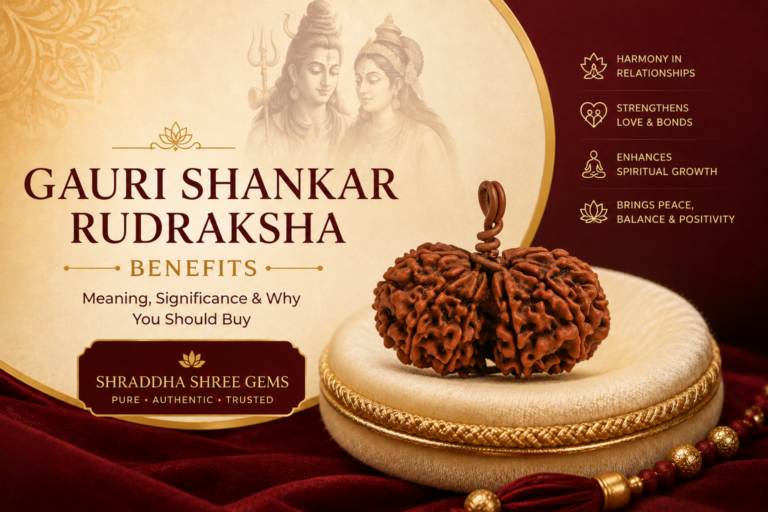 Original Gauri Shankar Rudraksha showcasing the benefits, spiritual significance, and divine union of Lord Shiva and Goddess Parvati by Shraddha Shree Gems.