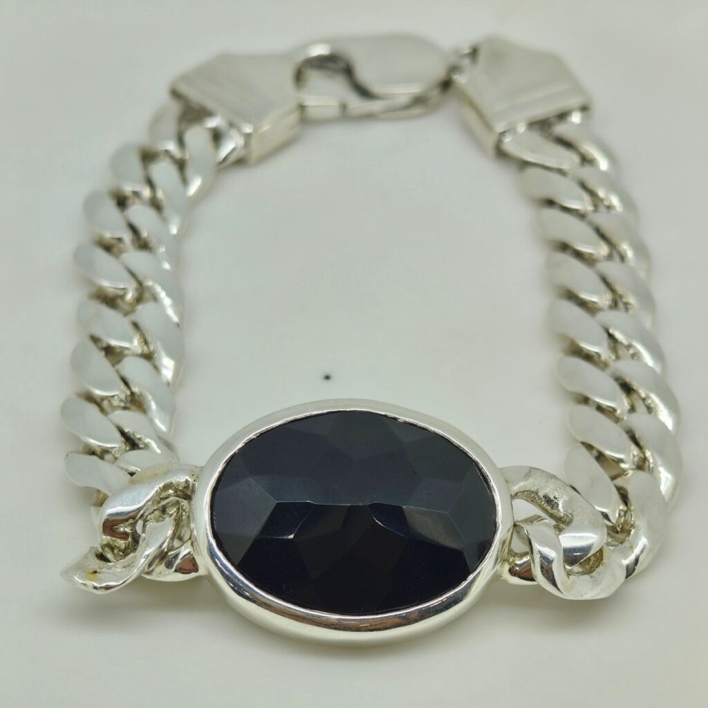 Black Agate Sulemani Hakik bracelet for men with silver Cuban design