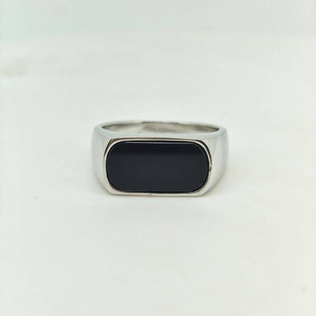Natural Black Agate Sterling Silver Statement Ring for Men