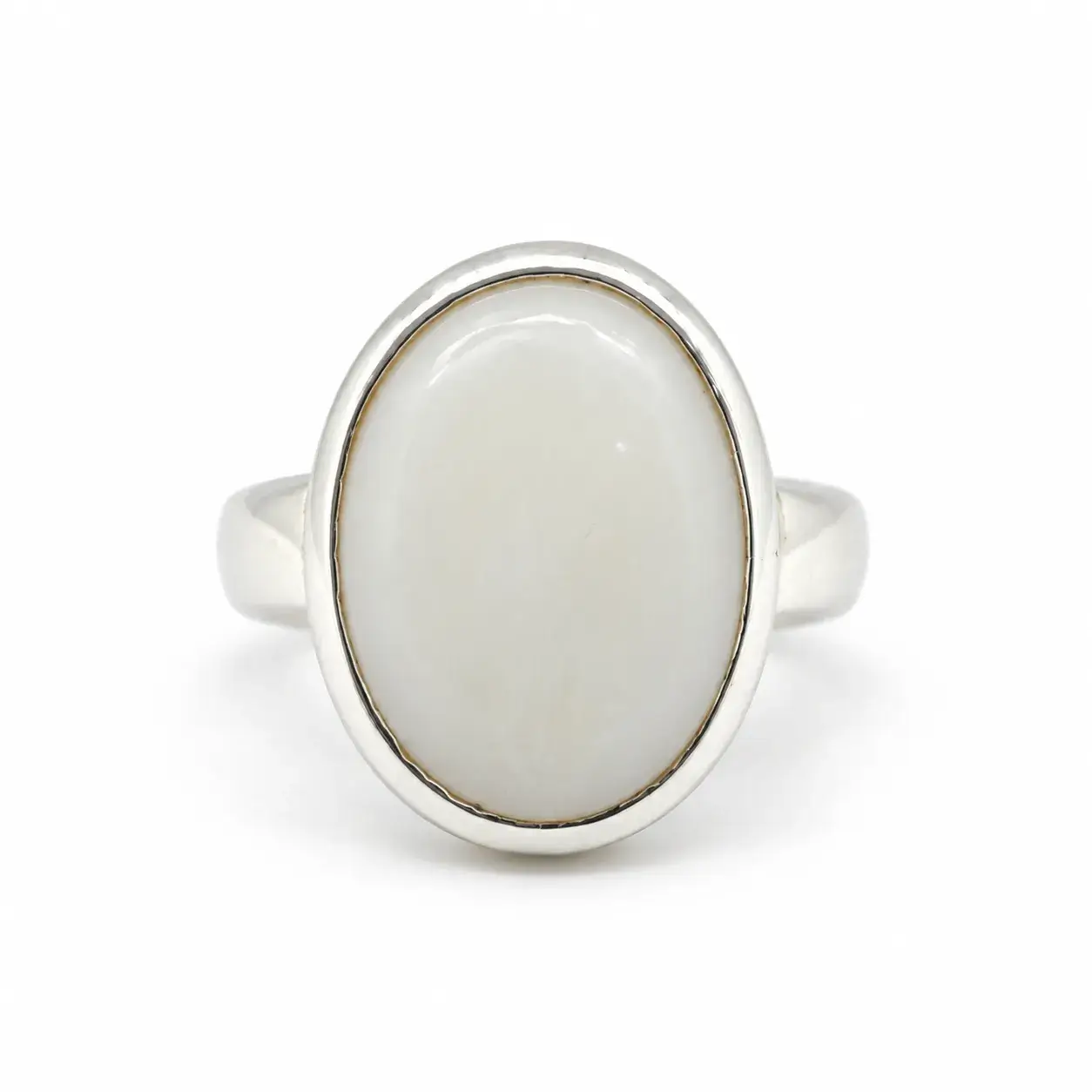 Front view of the elegant oval white opal set in a classic 925 sterling silver ring. 925 Sterling Silver Classic Oval White Opal Ring front view