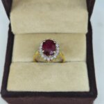 Ruby and CVD diamond ring displayed in jewellery box