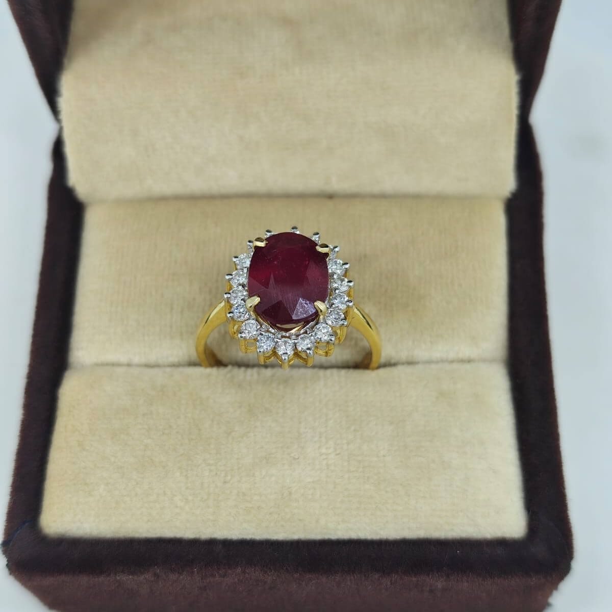 Ruby CVD Diamond Ring in Jewellery Box Ruby and CVD diamond ring displayed in jewellery box
