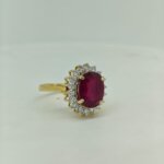 Ruby and CVD diamond ring side angled view in yellow gold