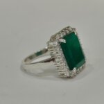 Rectangular emerald halo silver ring for women front view