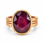 Front view of Vintage Oval Ruby Bezel Ring with large faceted deep red oval ruby gemstone