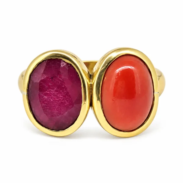 Natural 5 Carat African Ruby & 5 Carat Italian Coral Panchdhatu Ring